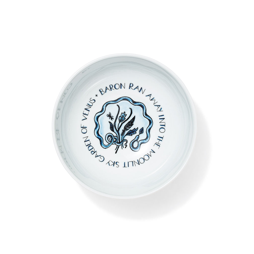 GARDEN OF VENUS breakfast bowl top view showing hand-illustrated worm design on porcelain